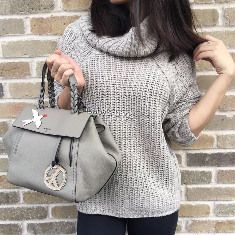NWT Tory Burch peace half moon Satchel French gray